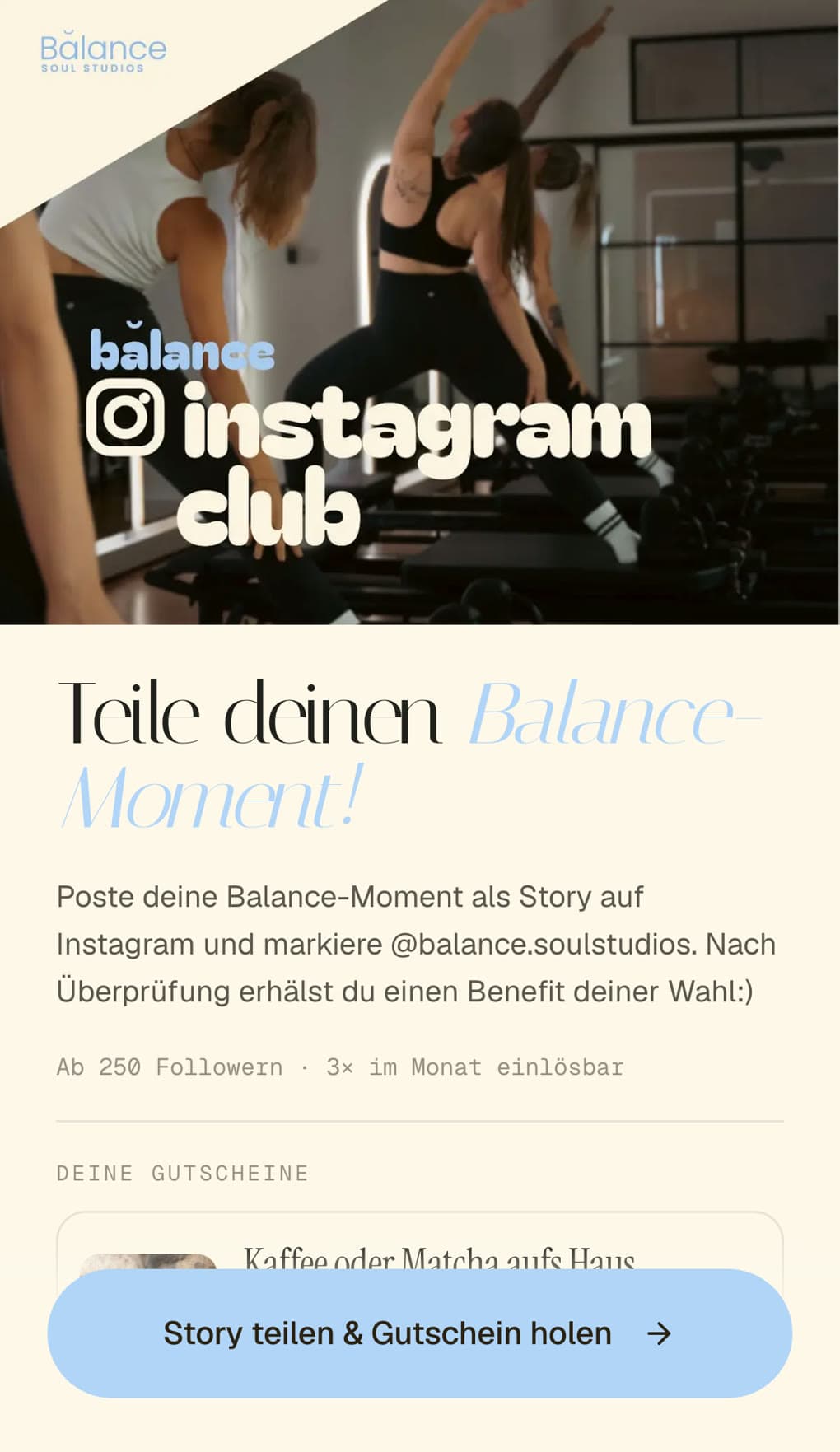Story-Seite von Bălance Soul Studios mit Gutschein fürs Teilen